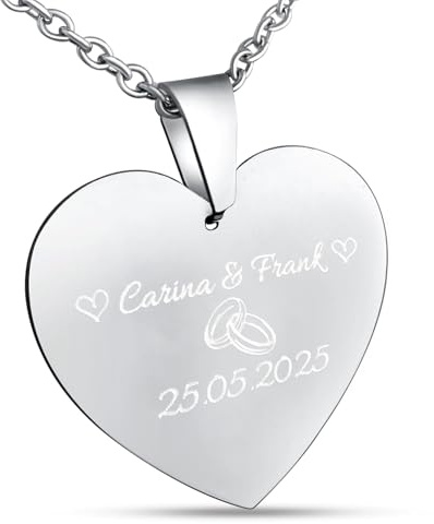 Hanessa Personalisierte Kette mit Gravur Edelstahl 50 cm mit Anhänger Herz in silber - Personalisierte Halskette für Männer und Frauen - Personalisierter Schmuck Damen Herren