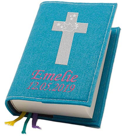 Evangelische Gesangbuchhülle Gesangbuch Kreuz 1 silber Filz mit Namen bestickt mittlere Ausgabe, Farbe:türkis