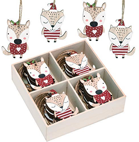 Valery Madelyn Holz Weihnachten Anhänger 24tlg 6cm Baum Weihnachtsdeko mit 2 Motiven Fuchs Dekofigur Weihnachtsbaumschmuck zum Hängen Traditionelles Thema Rot Weiß Braun MEHRWEG Verpackung