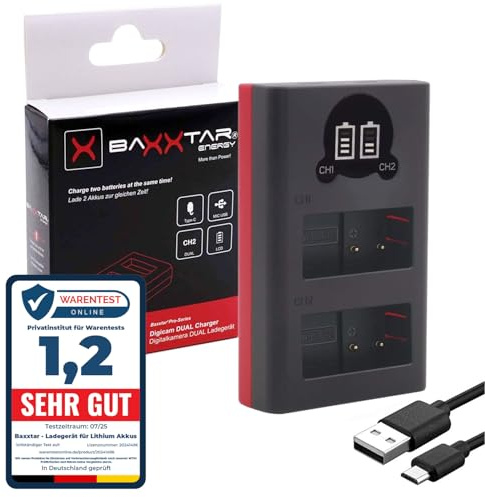 Baxxtar DMW-BLC12 E BP-DC12 Akku Ladegerät - Mini LCD Dual (18622) - Versorgung über USB-C oder Micro-USB