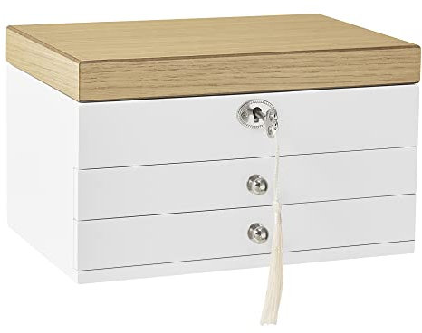 SONGMICS Schmuckkästchen 3 Ebenen, Schmuckkasten, Schmuckschatulle, großer Spiegel, 2 Schubladen, abschließbar, Geschenkidee, für Ringe, Ohrringe, Armbänder, Halsketten, weiß-holzfarben JOW15WN