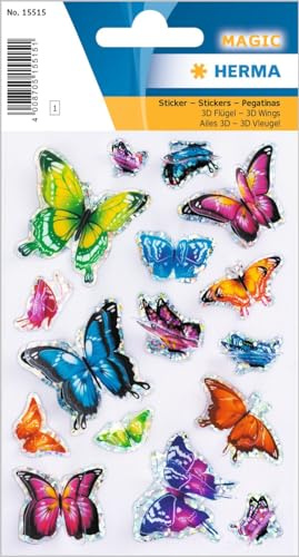 HERMA Autocollant 3D coloré, motif fleuri en 3D pour garçons, filles et anniversaires, 15 stickers muraux pour enfants permanent Papillons multicolores.