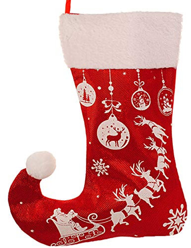 alles-meine.de GmbH 3D Glitzer Effekt XL - Weihnachtssocke & Weihnachtsstrumpf - Weihnachtsmann & Rentier Schlitten - 45 cm - rot - weiß - zum Aufhängen - Nikolausstiefel - Nik..