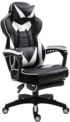 Vinsetto Ergonomischer Bürostuhl, Gaming Stuhl, Drehstuhl mit einziehbare Fußstütze und Verstellbarer Rücken Schaumstoff+PU-Leder+Metall, Schwarz+Weiß, 65 x 70 x 118,5-128,5 cm