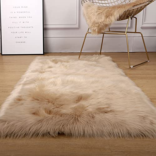 Soft Shaggy Decor Fur Area Rug Faux Lambskin Sheepskin Rug for Bedroom, Living Room, Longhair Faux Fur Chair Sofa Cover Seat Pad, Floor Carpet,Khaki-2x3ft