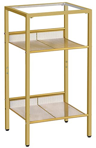 HOOBRO Beistelltisch Gold, Telefontisch, 3-stöckiger Nachttisch mit Platte aus gehärtetem Glas und Gitter, Sofatisch für Wohnzimmer, Schlafzimmer, Goldfarben EGD04DH01