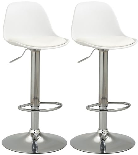 HOMCOM Set 2 Sgabelli Bar con Altezza Regolabile, Sgabelli Cucina Alti in PU con Schienale, Poggiapiedi, Seduta Morbida, Struttura in Acciaio, Sedie Bar Alte Girevoli a 360°, per Penisola, Bianco