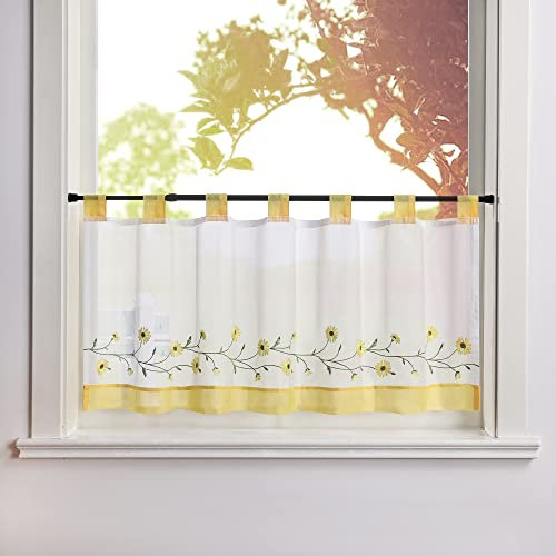 SCHOAL Scheibengardine Voile Bistrogardinen mit Schlaufen Küche Gardinen Transparent Stores Vorhänge Kurzgardine Bestickt Blumenmotiv HxB 30x90cm Gelb 1 Stück