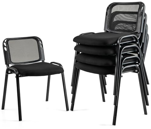 COSTWAY Set of 5/10 Stackable Reception Chairs, Upholstered Armless Mesh Office Chair, Heavy Duty Metal Frame Guest Conference Chair for Home Office Waiting Room Bedroom (58x55x72cm, Black, 10)