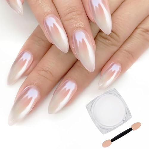 White Pearl Chrome Nail Powder,Iridescent Mirror Effect Aurora Magic Pearlescent Nail Jewelry Glitter Powder Holographic Pigment, Symphony Mermaid Pearl Glitter Dust Kit,DlY Nail Art Decorations