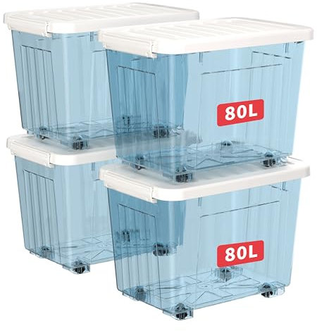 Cetomo 80L*4 Cajas de Almacenamiento con Tapas, Contenedores de Plástico con Ruedas, Clip On, Apilables, Encajables, Organizador Rayado para Oficina en Casa, Azul Claro, 80L-4 Pack