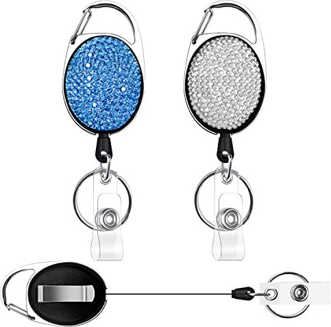 Einziehbarer Schlüsselanhänger 2 Stück Schlüsselanhänger Ausziehbar mit Ausweishalter Schlüsselrolle Ausziehbar mit Bling Strass (Weiß+Blau)