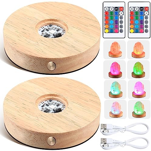 Kittmip Rechargeable LED Base Crystal Display Wood Round LED Light Base Stand 16 Light Modes with Remote Controls and USB Charging Cables Lighted Display Stand for Crystal Glass Art(2 Packs)