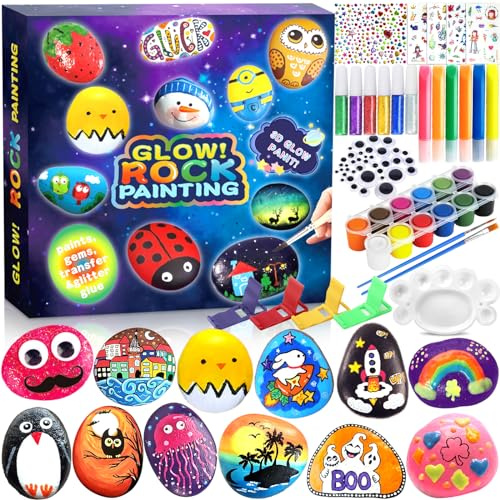 GUHAOOL Kit de Peinture sur Roche pour Enfants, 12 Galets à Décorer, Kits de Peinture Rupestre, Kits de Bricolage avec 24 Peintures, Kits de Loisirs Créatifs pour Enfants de 3+ Ans