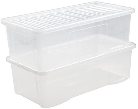 62L Litre Crystal Clear Storage Container Under-Bed Organiser Plastic Transparent Storage Box with Lid For Shoes Medicine Garage Office Home & Kitchen Made in UK – Pack 2