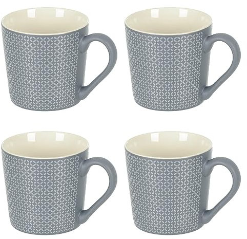 Hodge and Hodge Set Of 4 Grey Stoneware Coffee Mugs Tea Cups Circles Diamonds Pattern 400ml Small Circles