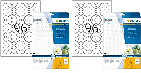 Universal Etiketten ablösbar rund, 25 Blatt, Ø 20 mm, 96 Stück pro A4 Bogen, 2400 Aufkleber, selbstklebend, bedruckbar, matt, blanko Klebeetiketten aus Papier, weiß (Packung mit 2)