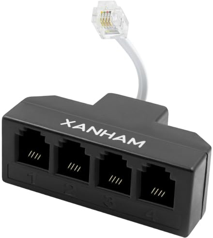 XANHAM RJ11 Cable 4 Way Splitter 6P4C Connector Phone Line Cord Adapter with 3 inch Cable for Landline Telephone Wire, Black, AV01403