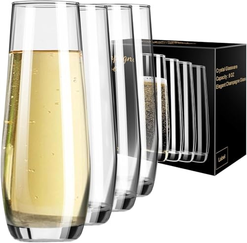 PARACITY Stemless Champagne Flutes, Champagne Glasses Set of 4, 8oz Glass Champagne Flutes, Gift for Birthday, Wedding, Christmas, Valentine's Day | Stemless glassware for birthdays, weddings, anniversaries, receptions and celebratory toasts