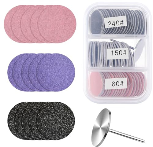 60Pcs Sanding Paper Discs 25mm Replacement Foot Sandpaper Discs with Metal Nail Drill Bit for Electric Callus Remover Dead Skin Pedicure Supplies(80#150#240# Grit)