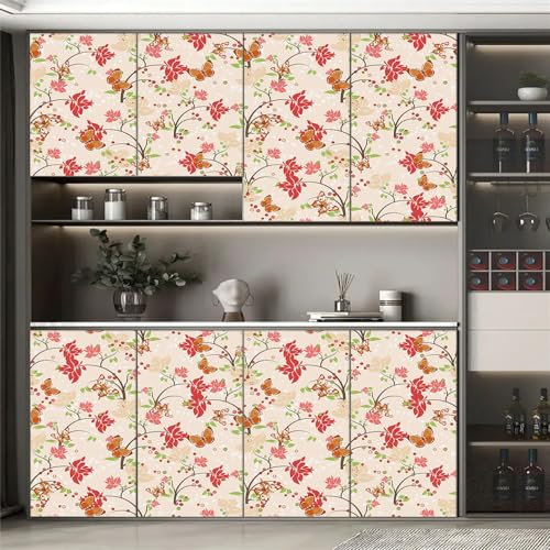 Selbstklebende Tapete Schmetterling Rote Blume Strukturtapete Wandtattoo Schlafzimmer Tapete Selbstklebend Vliestapete Wallpaper for Living Room Tapeten Wandschutzfolie 40x100cm/1 Pcs