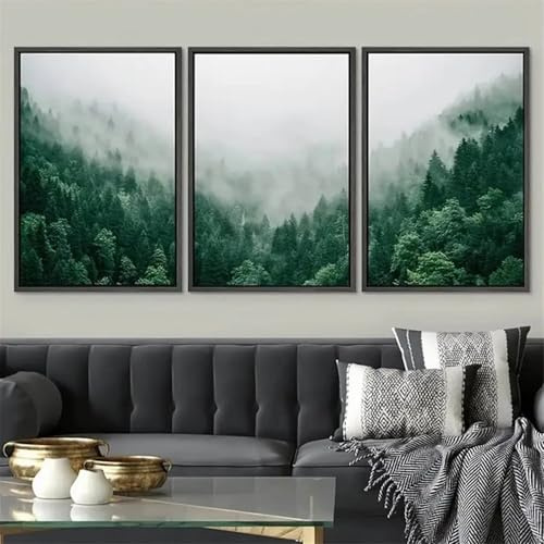 Herfair 3er Premium Poster Set, Moderne Grün Berge Wald Bilder, Landschaft Leinwandbilder BilderSet Wanddeko, Wohnzimmer Schlafzimmer Wanddekoration, Ohne Rahmen Wandbilder (50x70cm)