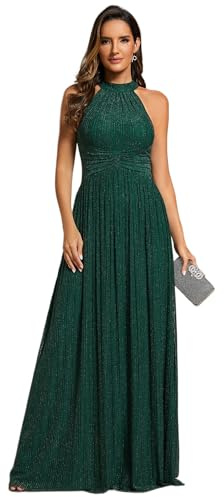 Ever-Pretty Vestido de Fiesta Largo de Noche Cuello Halter Pliegues Sin Mangas Brillante Corte Imperio Verde Oscuro 46