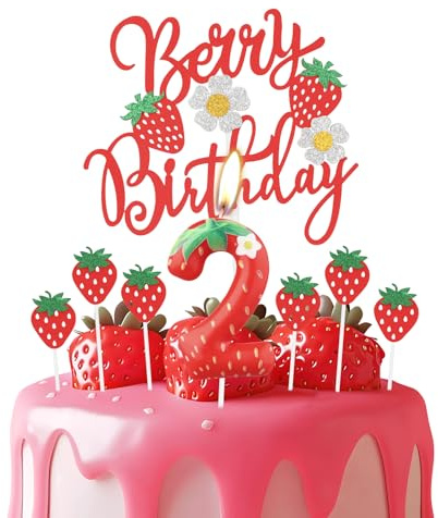 Erdbeere 2 Geburtstagskerzen, rote Erdbeere Nummer 2 Kerze für Kuchen, rote Beere Geburtstagskuchenaufsätze mit weißen Blumen, Erdbeer Themen für Mädchen und Jungen 2nd Geburtstag Dekorationen