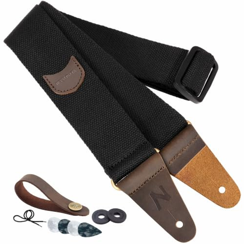 Nefelibata Gitarrengurt mit Plektrum-Tasche, Kopf Rindsleder Enden Gitarrengurte für Bass, Elektro-und Akustik-Gitarre, kommen mit kostenlosen Gurt-Taste, 1 Paar Gurtschlösser und 4 Gitarrenplektren
