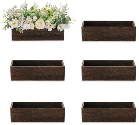 NUPTIO Wooden Centrepieces Flower Box: 6 Pcs 30cm Rectangular Table Centrepiece Wood Vase Rustic Brown Long Boxes for Wedding Party Christmas Decorations