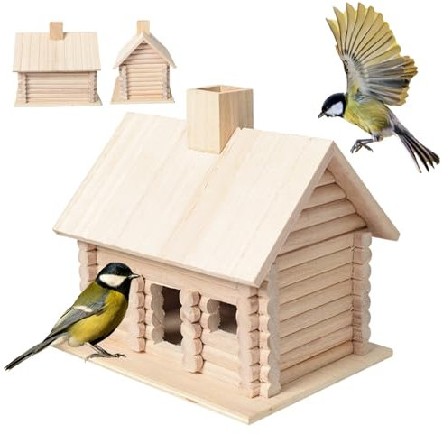 Kit de cabaña de troncos 7.7x5.9x7.3 '' Casa para pájaros de Paulownia transpirable y transmisor de luz Casa para pájaros de madera colgante pulida suave para pájaros que toman refugio Casa para pájar