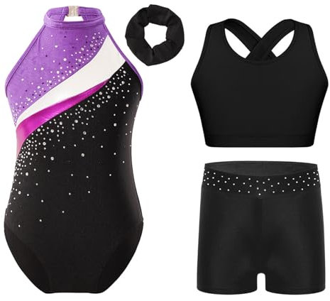 Loodgao Mädchen Neckholder Turnanzug Streifen Tanzbody Glitzer Leotard mit Tank Top und Shorts Haargummi 4 Pcs Tanzbekleidung Sportswear Violett 158-164