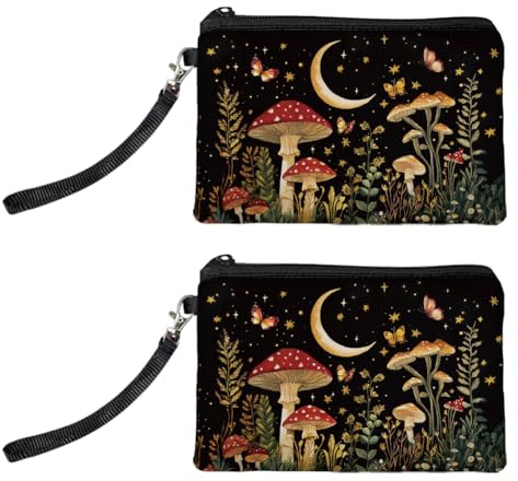 Peacoblue 2pcs Mushroom and Starry Sky Coin Purse, Cute Canvas Coin Bag