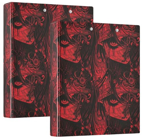 3-Ringe Notizbuchordner 1-1/5.1 cm A Rot und Schwarz Gothic Muster mit Innentaschen, 1/2 Packung Ordner Schulhefter 200 Blatt 2 Stück