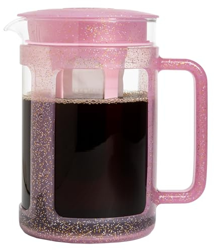 Paris Hilton Cold Brew Coffee Maker, Durable 1.6 Quart Borosilicate Glass Carafe with Stainless Steel Filter, Glitter Pink, 38 oz