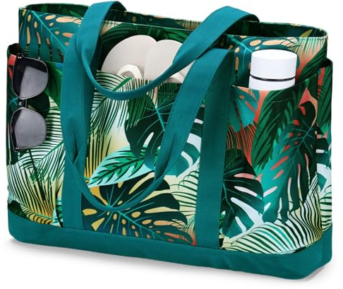 VASCHY Grand Sac de Plage Femme XXL, Pliable Cabas Femme Imperméable Léger Beach Tote Bag avec Fermeture Éclair Sac Shopping Voyage d'Été pour Famille Vacances Gym Piscine Pique-Nique, Feuilles Vertes