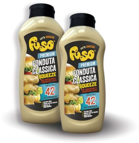 Aperisnack® - AP05.006.15X2 - Kit 2 Bottiglie di Formaggio FUSO Squeeze, da 950g, Fonduta Classica, Pronto all'uso con Parmigiano Reggiano e Gorgonzola D.O.P.
