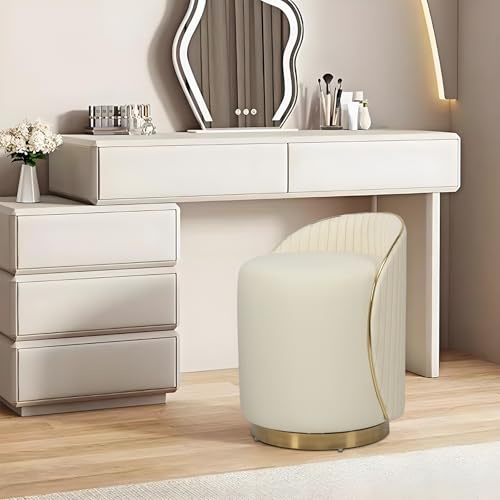TerraVibe Hocker mit Lehne, Schminkstuhl 360° Drehbar, Sofa Hocker, schreibtischhocker, Make Up Stuhl, Schreibtischhocker und Büro fusshocker Ideal als Kosmetik Stuhl (Cremefarben)