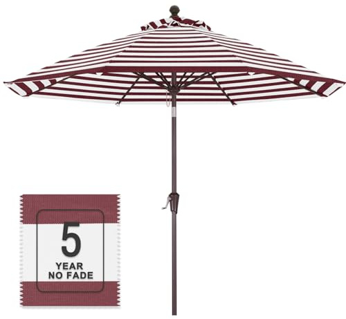 MasterCanopy 270 cm Premium Olefin 5-Jahres-Non-Fading Sonnenschirm neigungsverstellbar, mit 8 Rippen und Kurbel, für Patio, Garten, Terrasse, Markt, Burgund-Weiß gestreift