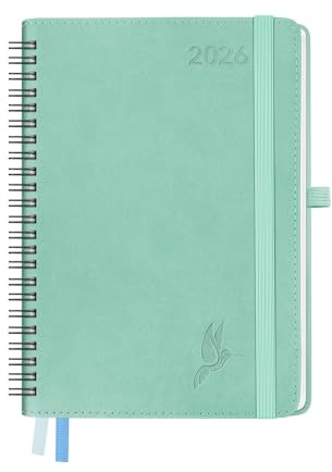 FEKSINO Kalender 2026 Ringbuch Buchkalender ca. A5 21,3 x 14,6 cm,Terminplaner&Wochenplaner 2026 1 Woche 2 Seiten mit PU-Leder Softcover,Grün