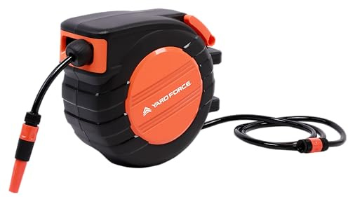 Yard Force HW HR20A Enrouleur de tuyau automatique 20 m – Montage mural pivotant à 180 °, repousse automatique, pression de fonctionnement 8 bar, avec buse de pulvérisation multiple et adaptateur de