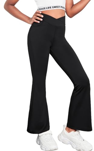 Arshiner Flicka utsvängda byxor hög midja flare bootcut, sportbyxor för yoga, dans, solid pläd, fritid, bell-nederdel, utsvängda byxor, ben, barn 5–14 år, svart, 15-16 år