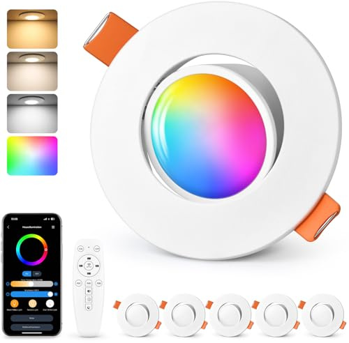 GeyouLux Focos Empotrables LED RGB, Focos Inteligentes 230V 2700K-6500K Regulables con Aplicación y Mando a Distancia, 68-80mm 5W IP44 Luminarias Empotrables Blancos, Lámpara de Techo Orientables 45°