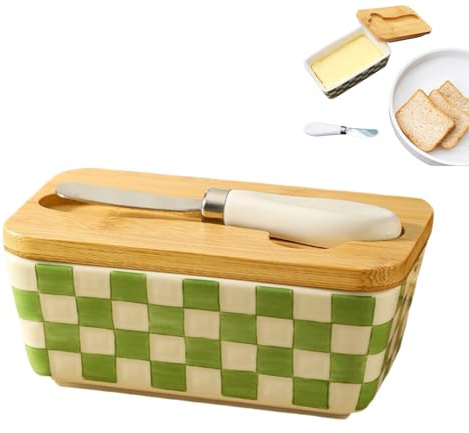 Mantequera de cerámica con tapa de madera y cuchillo de mantequilla, 350 ml, gran capacidad, para 300 g de mantequilla, multifunción, sellado, campana, para el hogar y la cocina (C, 350 ml)