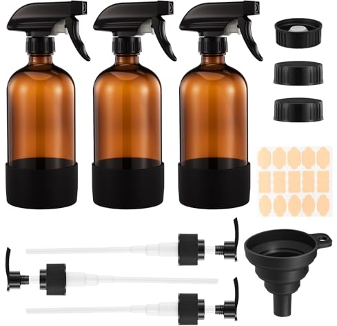 Eldvinur 3 botellas de spray de vidrio ámbar de 500 ml, pequeñas botellas de spray con boquilla ajustable (chorro/niebla/apagado), botella de spray recargable para cabello, jardinería, limpieza