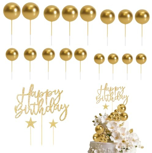 Elegant Gold Cake Decorations Set, 17 Glittering Balls and 1 Happy Birthday Cake Topper, All-in-One Happy Birthday Cake Topper, for Birthday, Anniversary Parties, or as Table Centerpiece