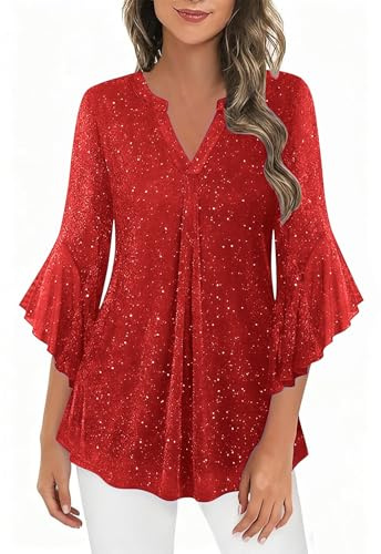 Bluse Damen Glitzer Oberteile Silvester Outfit Pailletten Blusenrock V Ausschnitt Tunika Festliche Blusen Zur Hochzeit Party Oberteil Glitzershirt Karneval Langarmshirt Damenblusen Glitzeroberteil