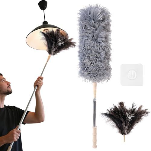 53 Inch Ostrich Feather Duster - Extendable Handle, Wood Handle, Fluffy Natural Genuine Feathers, Ideal for Home, Car, Office Cleaning | Fluffy Natural Genuine Ostrich Feathers, Multi-use Cleaner for Home, Car & Office Dust Removal