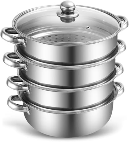 Ångkokare 28 cm, ångkokare med ånginsats – ångkokare i rostfritt stål lämplig för induktion och diskmaskin – 3/4-vånings-set med glaslock – för grönsaker, potatis, barnmat och mer (4)