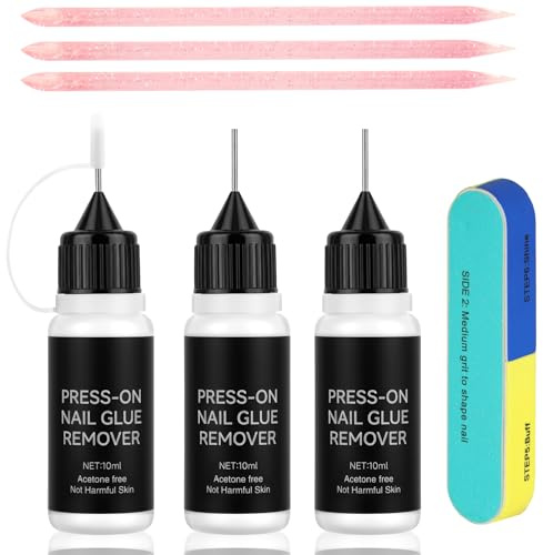 BUTBU Nagellimborttagarset, 3 x 10 ml nagellimborttagare, med nagelfil, enkel och snabb gelnagellacksborttagning, för pressning på naglar och konstgjorda nagelspetsar
